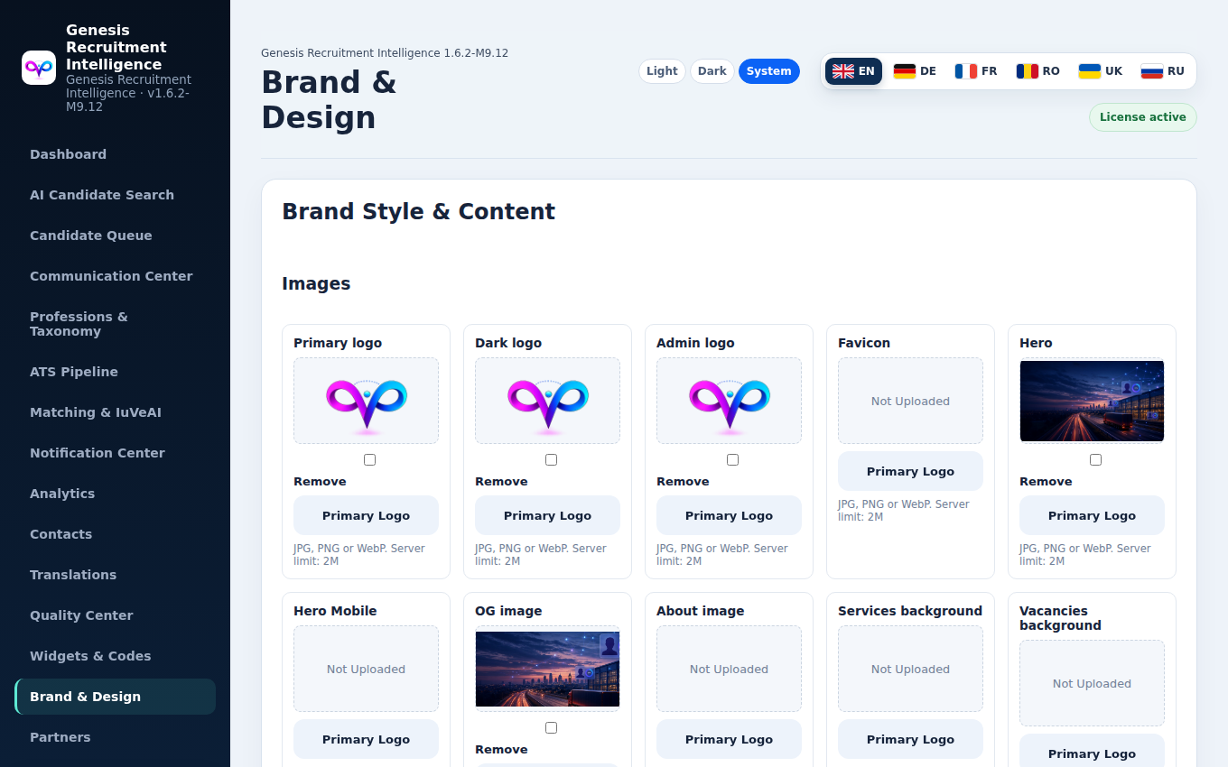 Brand & design toolkit — 12 image slots, 6 color pairs, hero dimming