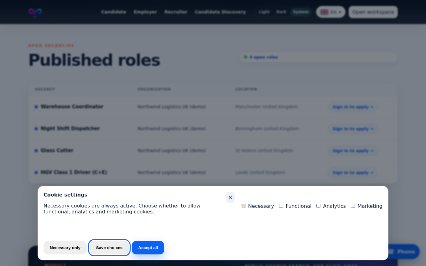 Published roles table and Candidate Discovery module panel